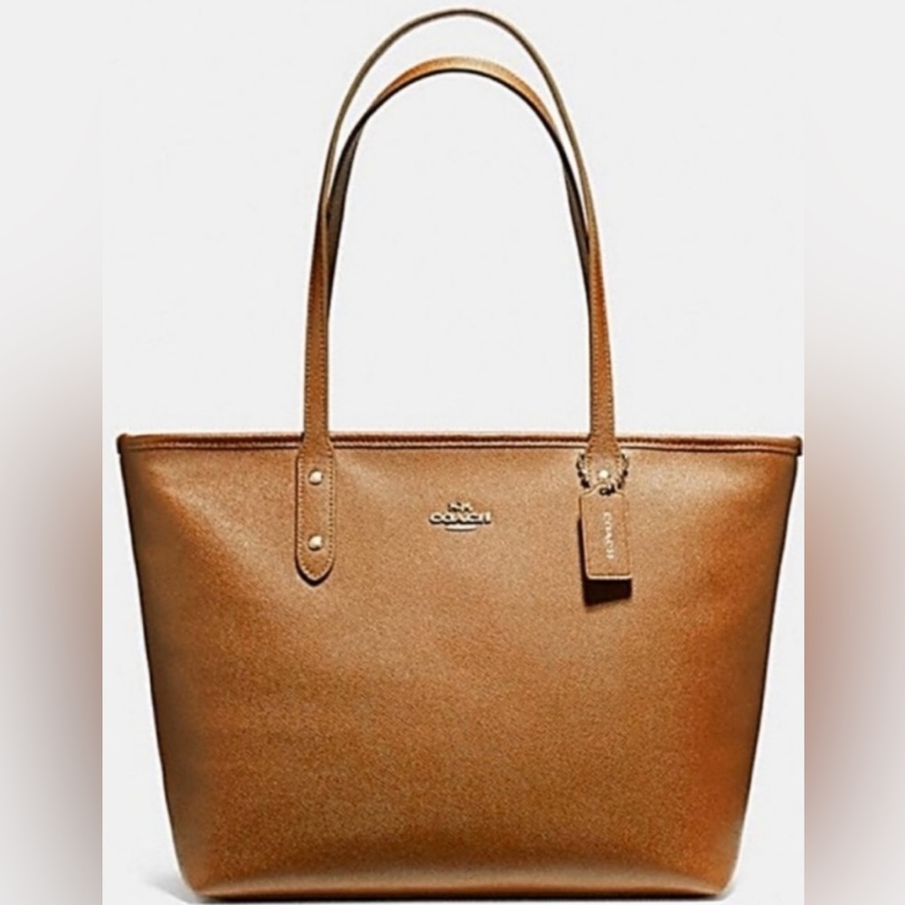 Coach Pebble Leather Zip Top Tote in Caramel Brown with some light wear